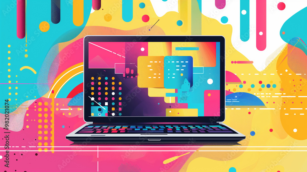 Obraz premium Laptop screen showing abstract graphic design with vibrant geometric shapes and patterns