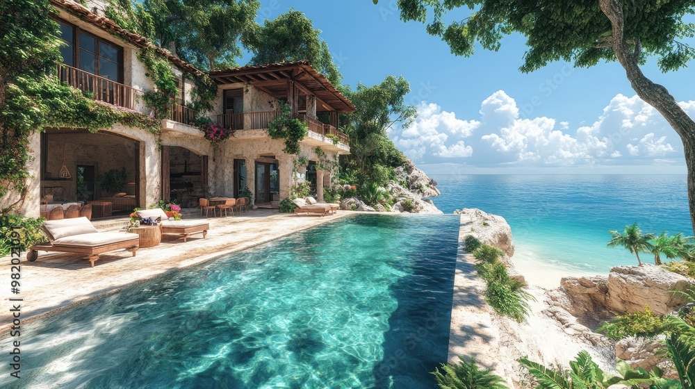 Luxurious villa with pool overlooking a serene beach and ocean. Luxurious villa with pool overlooking a serene beach and ocean.
