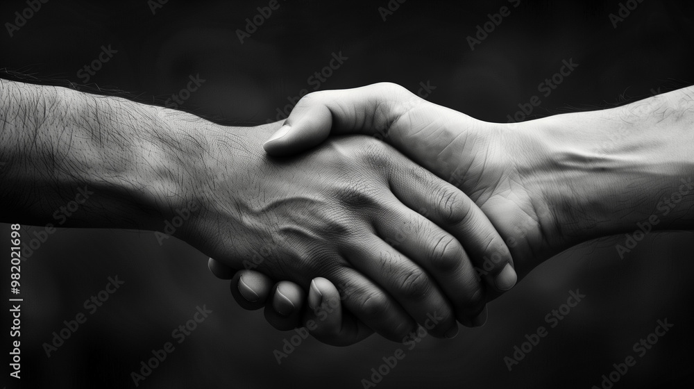 Black and white close-up of a handshake, symbolizing agreement, partnership, and trust Black and white close-up of a handshake, symbolizing agreement, partnership, and trust