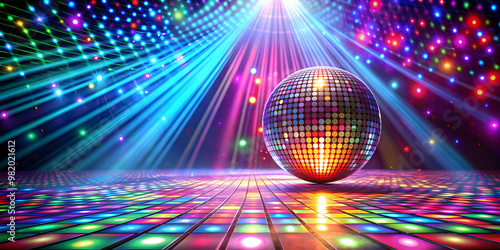Vibrant disco dance floor with colorful laser lights and mirror ball, Disco, dance, floor, electrifying, laser, speakers