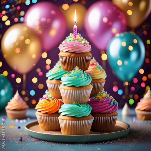 Wallpaper Mural Torre de cupcakes decorados con glaseado colorido y una vela encendida en cada uno. Alrededor hay globos y serpentinas. Imagen perfecta para promociones de productos de repostería y celebraciones. Torontodigital.ca