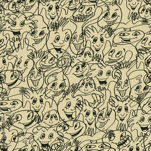 Seamless background with funny faces of anthropomorphic creatures. Humorous characters with different emotions