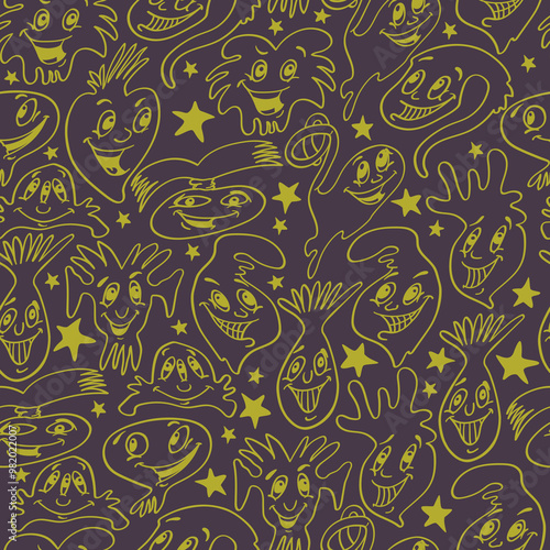 Seamless background with funny faces of anthropomorphic creatures. Humorous characters with different emotions