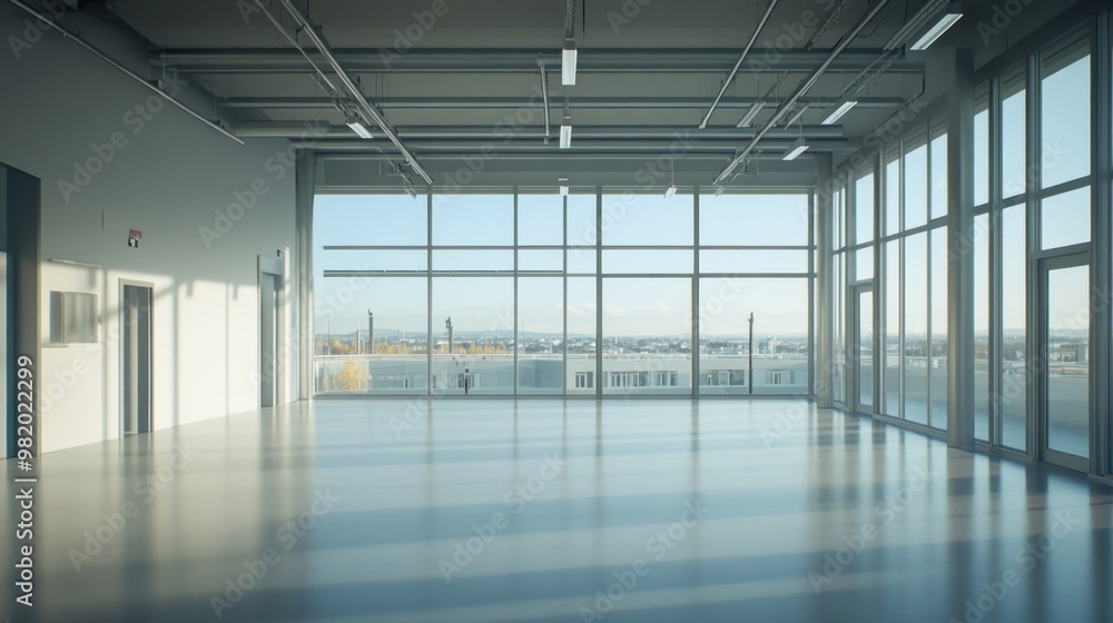 Spacious modern interior with large windows and a view of the city. Spacious modern interior with large windows and a view of the city.