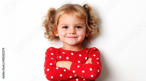 A young girl in a red polka dot shirt is smiling and crossing her arms. Concept of confidence and positivity