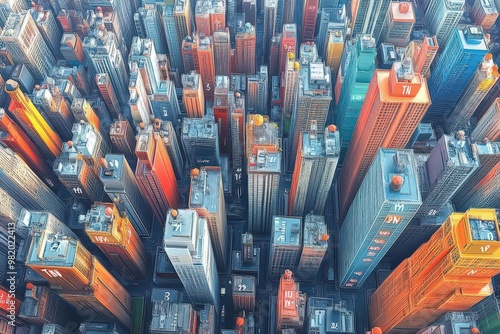 Capture a birds-eye view of a bustling cityscape with TIN numbers marking each building in a cyberpunk-inspired digital artwork
