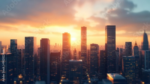 Wallpaper Mural Capture a dramatic long shot of a modern cityscape during sunset, emphasizing the contrast between bright city lights and a darkening sky,CG 3D, photorealistic Torontodigital.ca