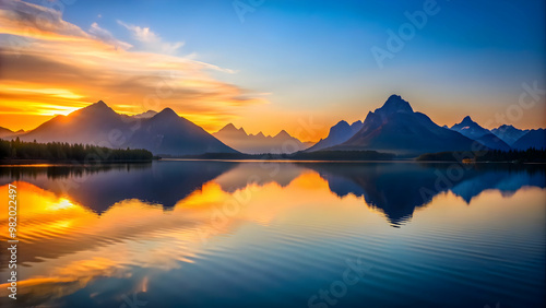 Wallpaper Mural Silhouetted mountains reflecting in calm waters at sunrise, sunrise, mountains, silhouettes, reflection, calm, tranquil, peaceful Torontodigital.ca
