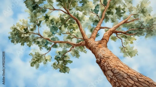 Capture a majestic oak tree reaching towards the sky, symbolizing stability and long-term growth, depicted in rich, detailed watercolor