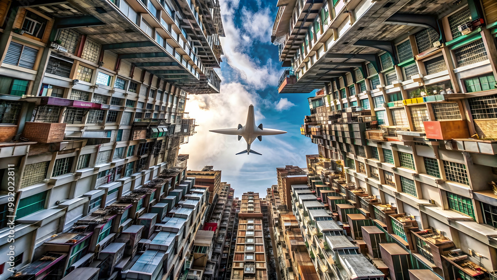 Aerial view of a plane flying over densely packed houses in Quarry Bay, Hong Kong, plane, flying, crowded, houses Aerial view of a plane flying over densely packed houses in Quarry Bay, Hong Kong, plane, flying, crowded, houses