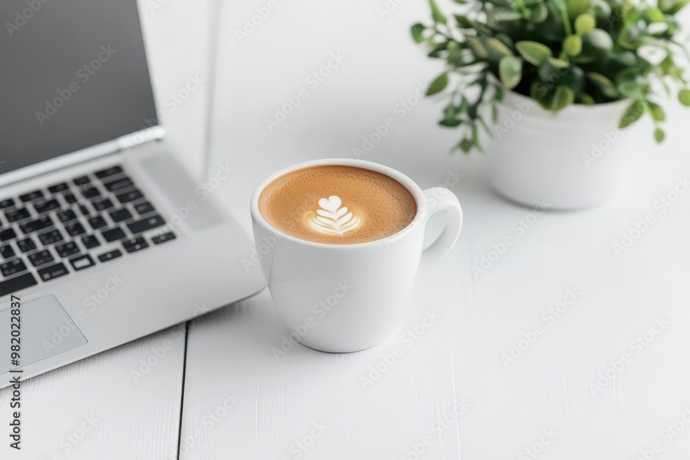 Capture an office desk from a dynamic tilted angle, showcasing a laptop and a cup of coffee, exuding a vibe of productivity and satisfaction Capture an office desk from a dynamic tilted angle, showcasing a laptop and a cup of coffee, exuding a vibe of productivity and satisfaction