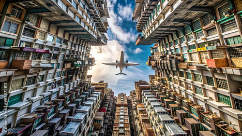 Aerial view of a plane flying over densely packed houses in Quarry Bay, Hong Kong, plane, flying, crowded, houses