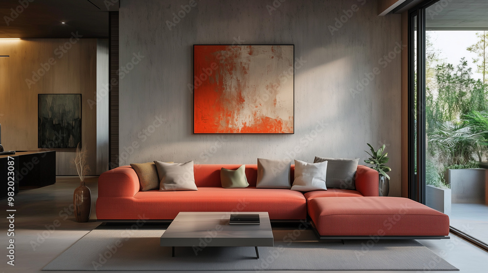 A minimalist living room with a neutral red and brown tones sofa, sleek coffee table and decorative vases placed around it. A minimalist living room with a neutral red and brown tones sofa, sleek coffee table and decorative vases placed around it.