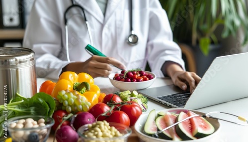 Dietitian Analyzing Nutritional Information Of Food Items photo