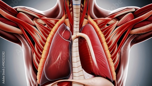 A macroscopic look at the chest, with ribs and intercostal muscles visibly shifting with each breath