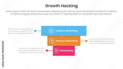 growth hacking infographic 3 point with rectangle block pyramid backwards structure for slide presentation