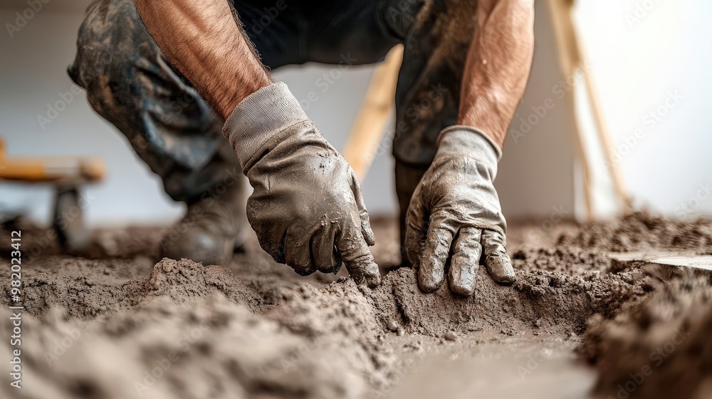 A worker meticulously mixing and leveling concrete on a construction site, showcasing skill and attention to detail. A worker meticulously mixing and leveling concrete on a construction site, showcasing skill and attention to detail.