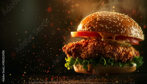 Crispy Fried Chicken Sandwich with Lettuce Tomato and Pickles photo