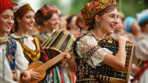 People wearing traditional costumes at a folk music festival in Europe