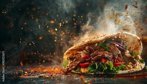 Delicious and spicy doner kebab sandwich with falling spices