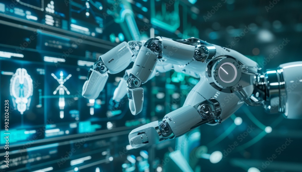 Fototapeta premium Futuristic robotic hand interacts with a digital interface in a virtual environment