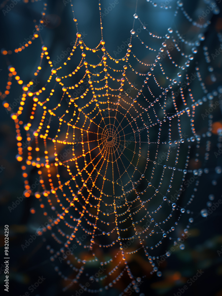Naklejka premium Spiderweb with dew in golden hour light in the woods, A spider web glistening in the sunlight with a dark autumn forest background, AI generated