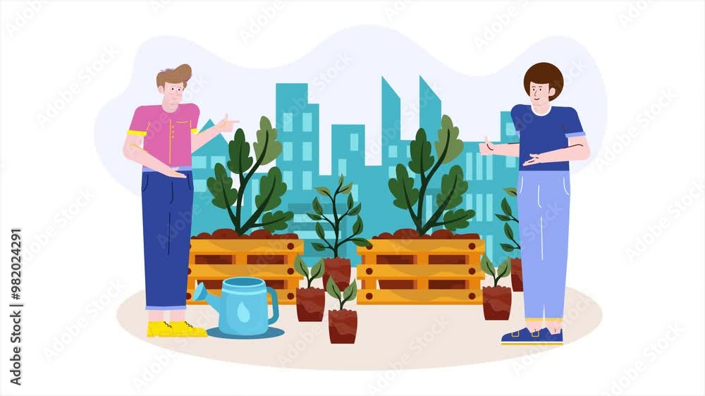 Two people tending to an urban garden with potted plants and wooden planters animated video Two people tending to an urban garden with potted plants and wooden planters animated video