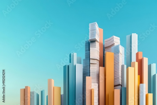 Design a futuristic cityscape with towering skyscrapers made of tax documents, blending elements of CG 3D and photorealism for a stunning visual metaphor of income tax