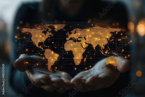 Hands holding a glowing digital world map, symbolizing global technology, connectivity, and innovation in a dark background. photo