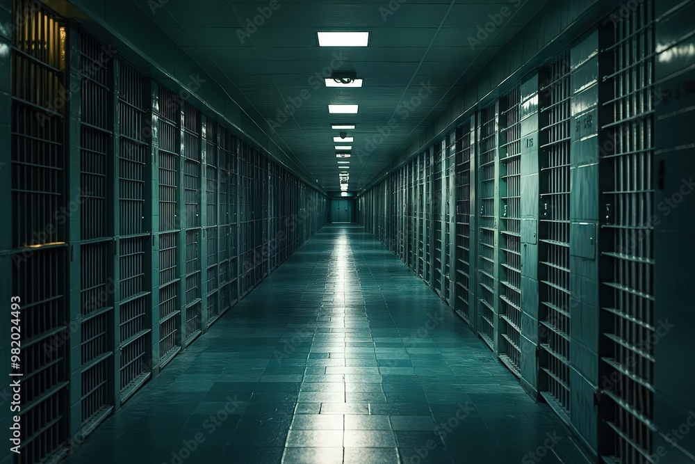 Empty jail corridor with rows of cold, metal doors, eerie lighting casting long shadows, evoking isolation and confinement Empty jail corridor with rows of cold, metal doors, eerie lighting casting long shadows, evoking isolation and confinement