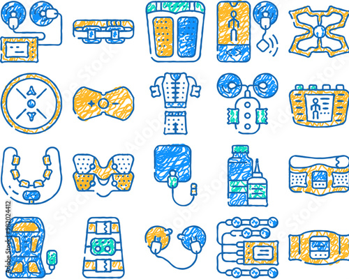 ems training device doodle icons set vector. sketch line art stimulator with strap and suction cups, massager for feet and stimulant for press ems training contour illustrations