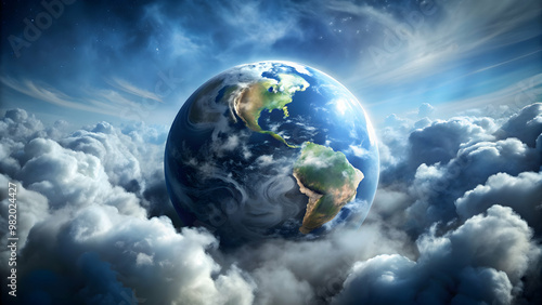 of sad planet earth surrounded by clouds , Earth, planet, sad, emotion,, clouds, environment, global