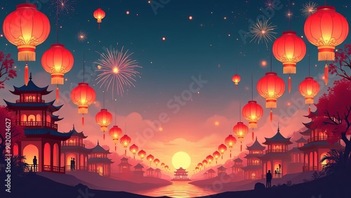 Magical Chinese Lantern Festival: Night Sky Illuminated with Traditional Decorations