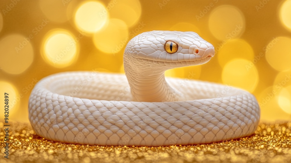 Fototapeta premium White Albino Snake on Sparkling Gold Background, Symbol of Chinese New Year, Luck and Prosperity