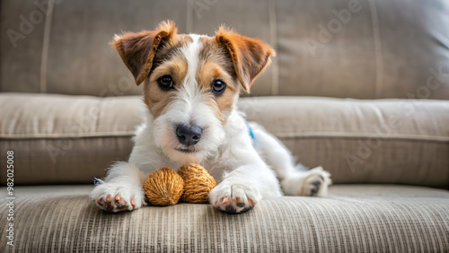 Fox Terrier puppy lying on a sofa with a toy , Fox Terrier, puppy, lying, sofa, toy, playful, cute, small, pet, adorable, fur