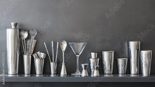 A collection of shiny barware arranged on a shelf, ideal for cocktail preparation. photo