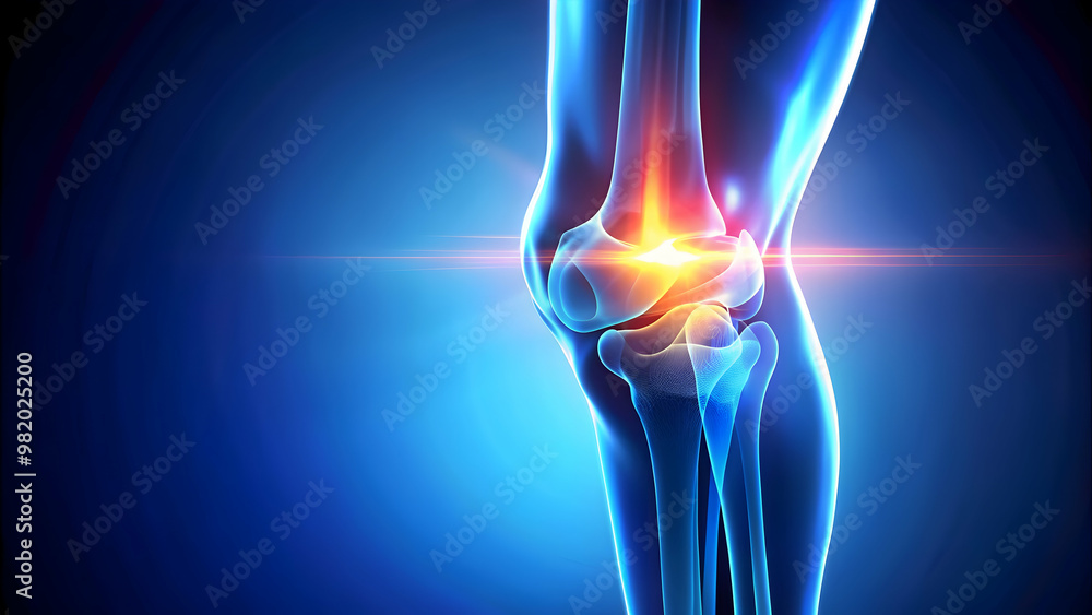 Vibrant image of knee joint with glowing blue light enhancements, anatomy, medical, joint, knee, health, technology Vibrant image of knee joint with glowing blue light enhancements, anatomy, medical, joint, knee, health, technology