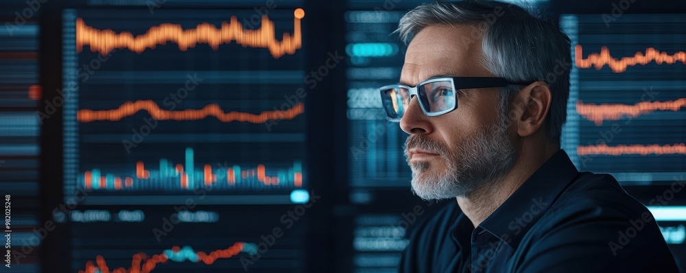 Autonomous stock trader, real-time prediction algorithms, glowing data holograms, sleek tech office Autonomous stock trader, real-time prediction algorithms, glowing data holograms, sleek tech office
