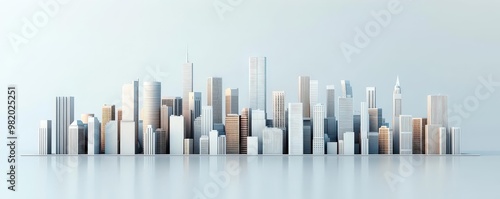 Illustrate a detailed frontal view of a modern city skyline, showcasing towering skyscrapers and sleek buildings, with digital realism