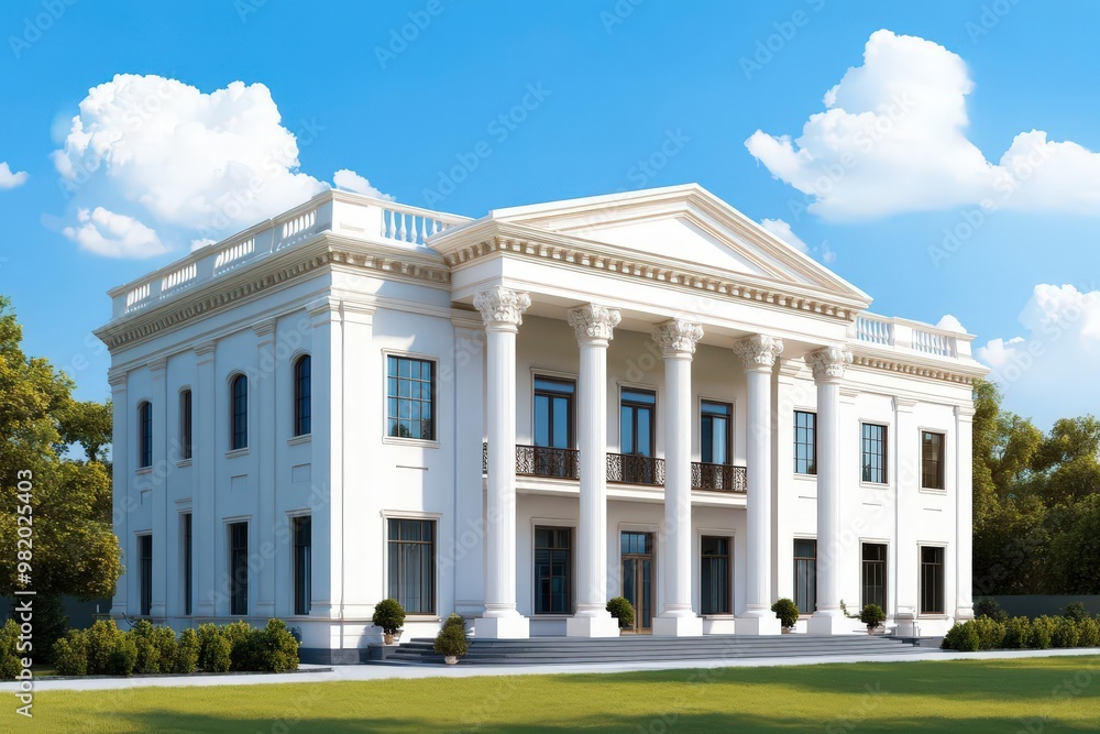 Obraz premium Illustrate a photorealistic rear view of a traditional tax compliance building, emphasizing professionalism and reliability in a digital painting style