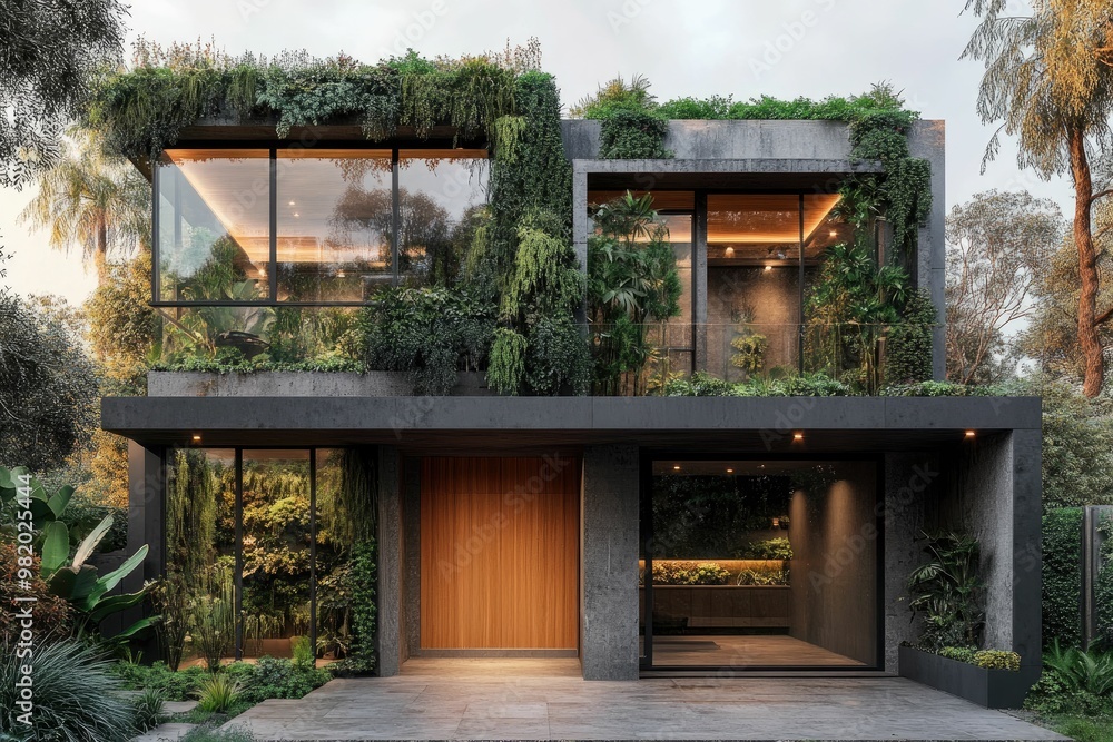 Modern eco-friendly house with lush greenery. Modern eco-friendly house with lush greenery.