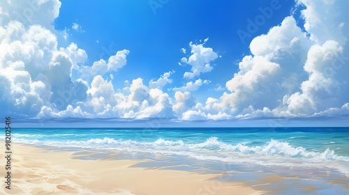 A serene beach scene with foamy waves lapping onto the sandy shore, beneath a bright blue sky adorned with fluffy white clouds.