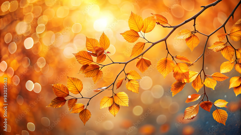 Beautiful autumn leaves branch with orange foliage in dreamy bokeh sunlight background, creating a magical fall season atmosphere Beautiful autumn leaves branch with orange foliage in dreamy bokeh sunlight background, creating a magical fall season atmosphere