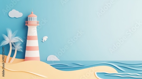 A colorful illustration of a lighthouse on a sandy beach, with palm trees swaying in the breeze. The ocean is calm, and the sky is blue.