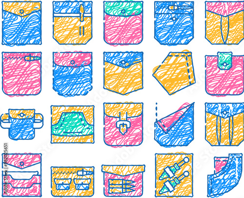 patch pocket clothes doodle icons set vector. sketch line art pocket with clasp and button for storage bullet and knife, credit cards and coins, contour illustrations