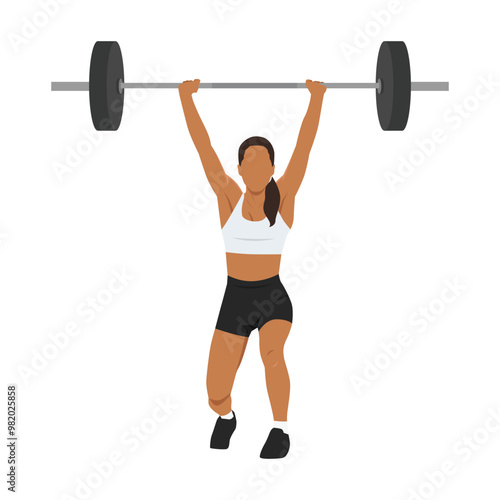 Young woman doing barbell over head and lunging while doing split jerk. Flat vector illustration isolated on white background