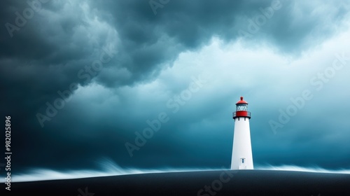 A lighthouse standing tall against a backdrop of stormy clouds and heavy rain. The wind howls, and the waves crash against the shore.