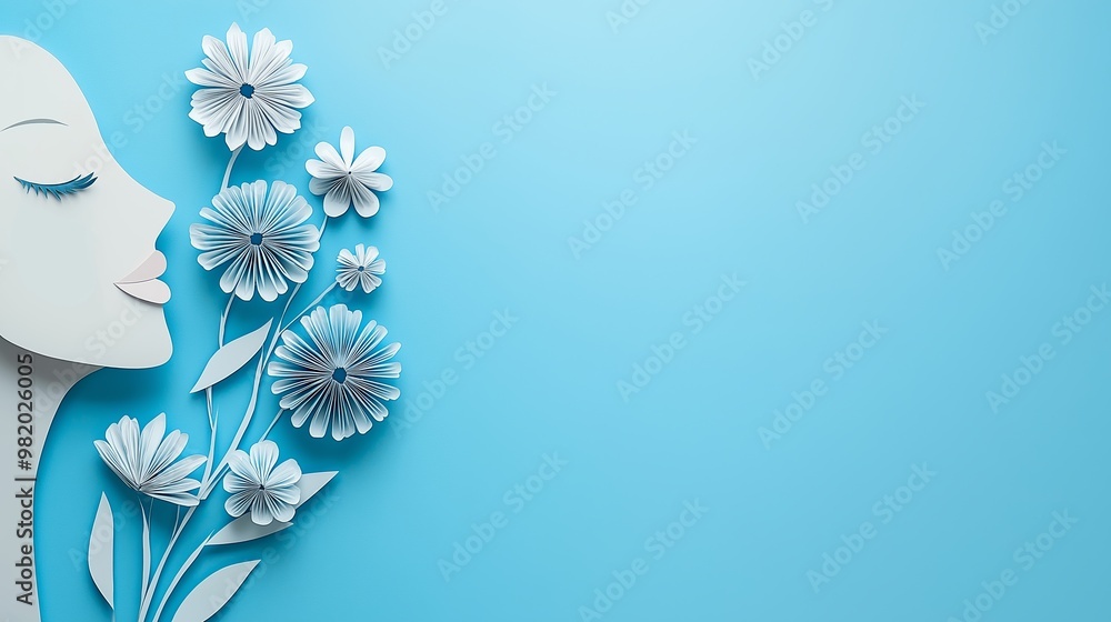 Fototapeta premium A woman's face is surrounded by flowers on a blue background. The flowers are white and the background is a deep blue color. Concept of beauty and serenity, as the woman's face is the focal point