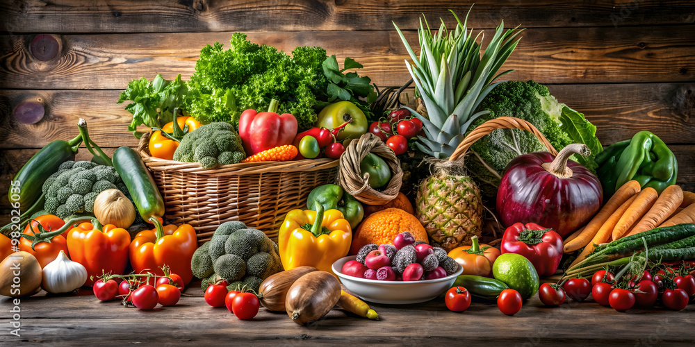 A variety of fresh fruits and vegetables displayed on a rustic wooden table , healthy, food, nutrition, organic, colorful A variety of fresh fruits and vegetables displayed on a rustic wooden table , healthy, food, nutrition, organic, colorful