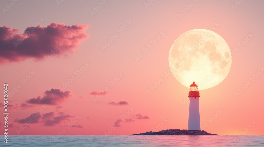 Fototapeta premium A serene illustration of a lighthouse with the sun setting behind it, creating a dramatic silhouette against the fiery sky.